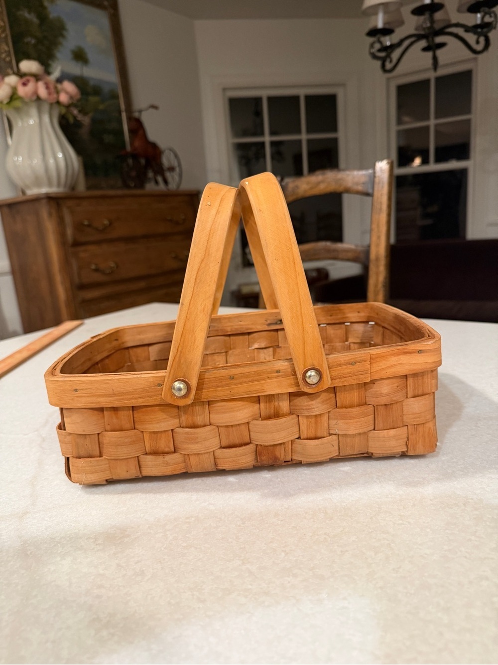 Vintage Natural Wood Woven Basket with Dual Handles